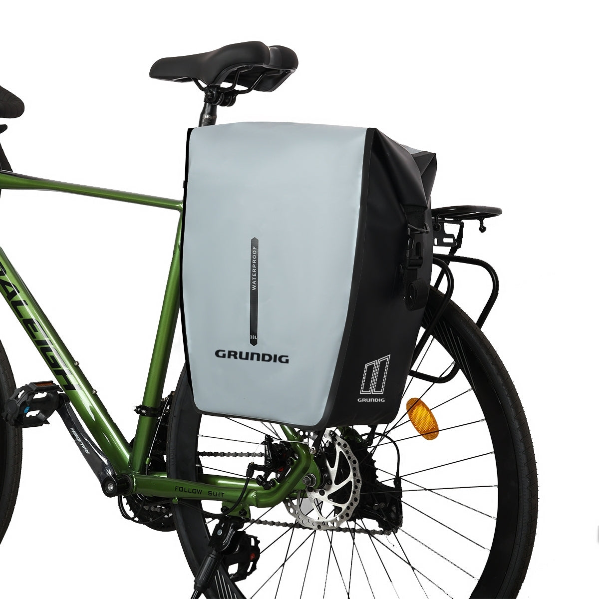 Front view of black Grundig 2.5L waterproof 500D pannier bag with roll top and shoulder strap| #Color_Grau