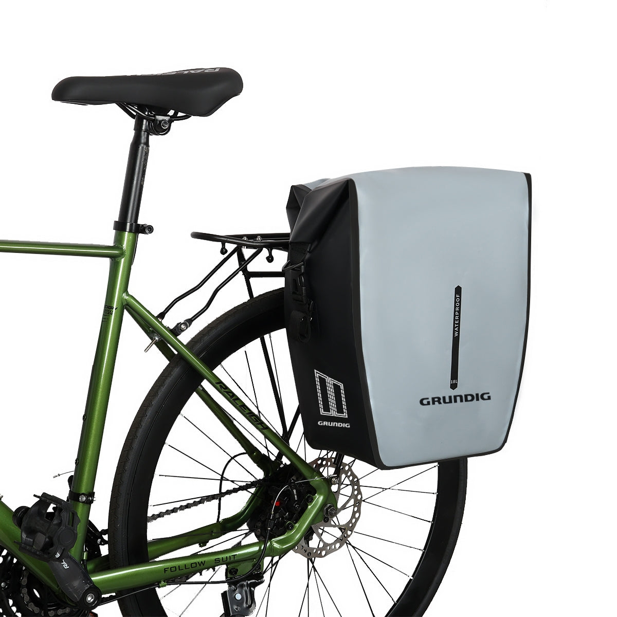 Front view of black Grundig 2.5L waterproof 500D pannier bag with roll top and shoulder strap| #Color_Grau