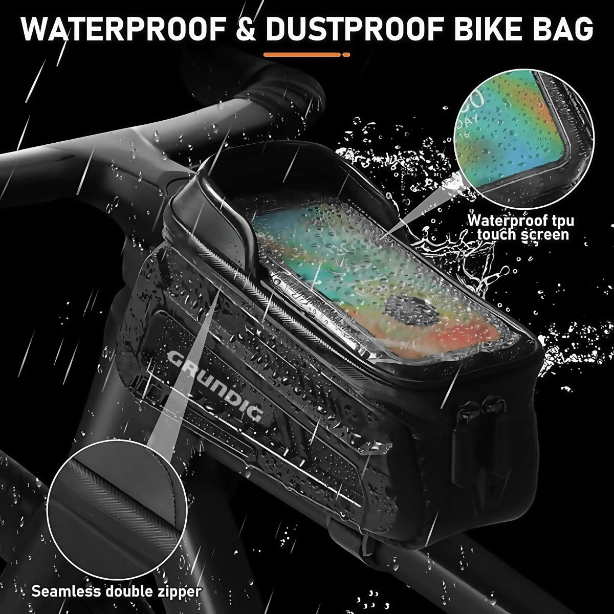 Grundig wasserdichte Fahrrad-Rahmentasche 1,5 l – stabil, stoßfest, Touchscreen-fähig