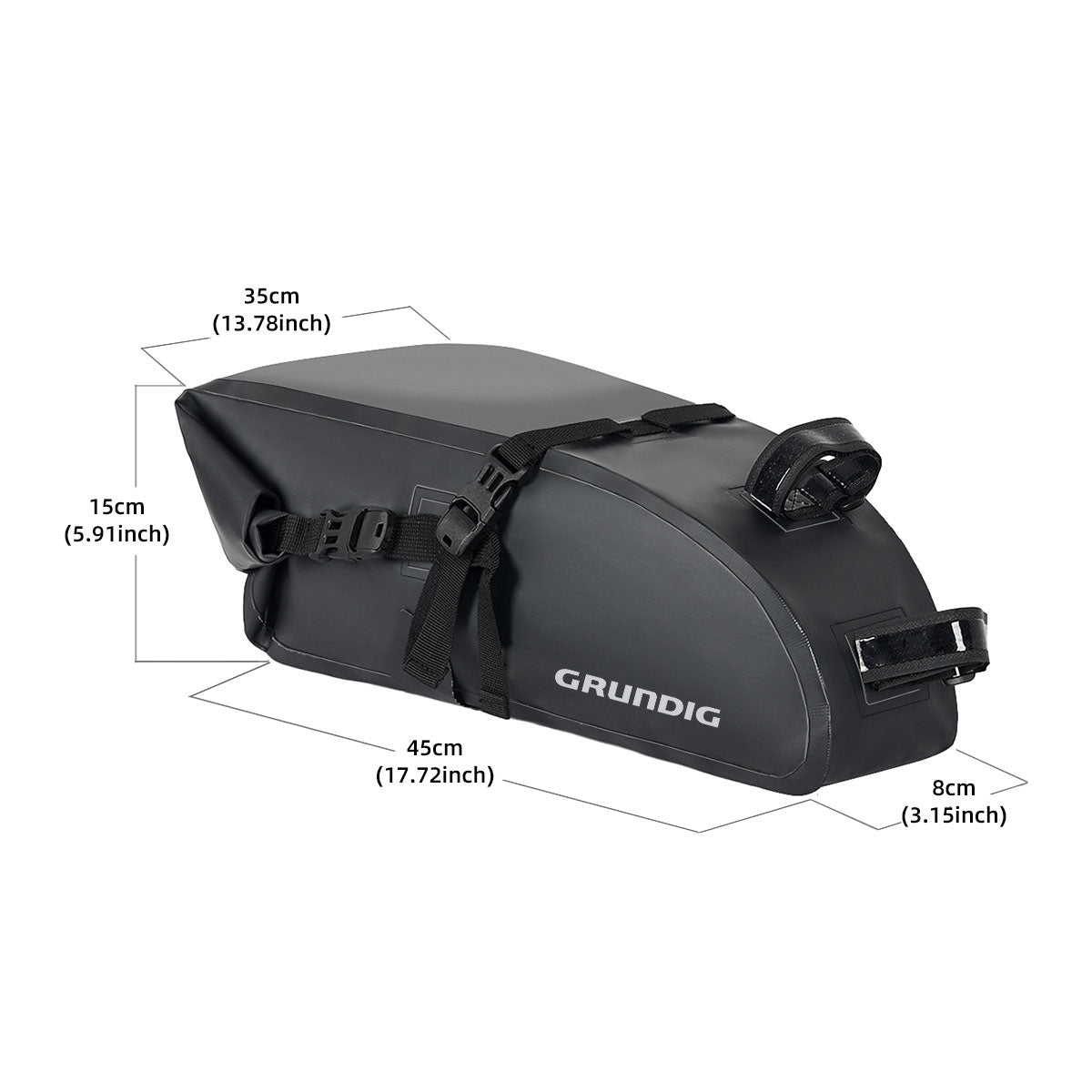 Grundig green 10L waterproof bike saddle bag mounted on bicycle designed for stability and enhanced visibility during night cycling, compatible with road, gravel, and mountain bikes|#Color_Schwarz