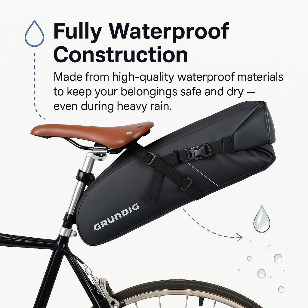 Grundig green 10L waterproof bike saddle bag mounted on bicycle designed for stability and enhanced visibility during night cycling, compatible with road, gravel, and mountain bikes|#Color_Schwarz