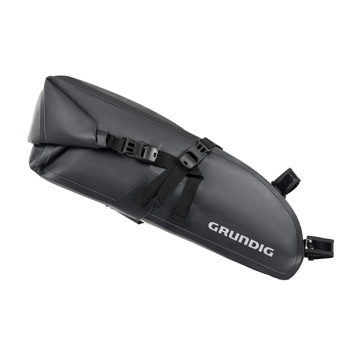 Grundig green 10L waterproof bike saddle bag mounted on bicycle designed for stability and enhanced visibility during night cycling, compatible with road, gravel, and mountain bikes|#Color_Schwarz