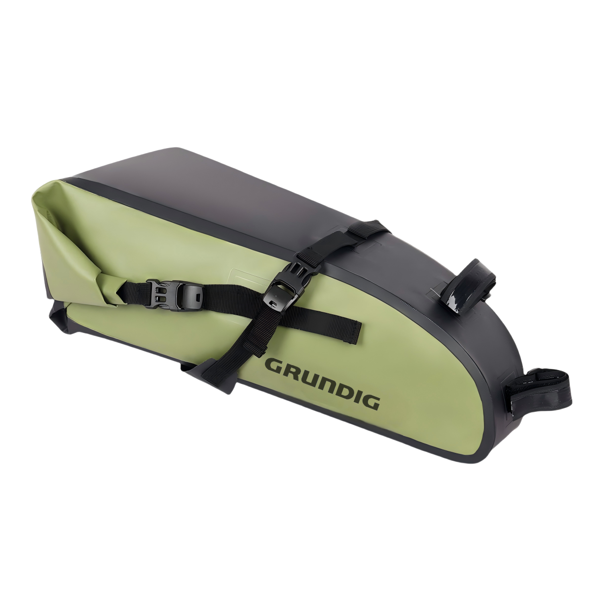 Side view of the 10L waterproof rear saddle bag with reflective strips, designed for stability and enhanced visibility during night cycling, compatible with road, gravel, and mountain bikes | #Color_Grün