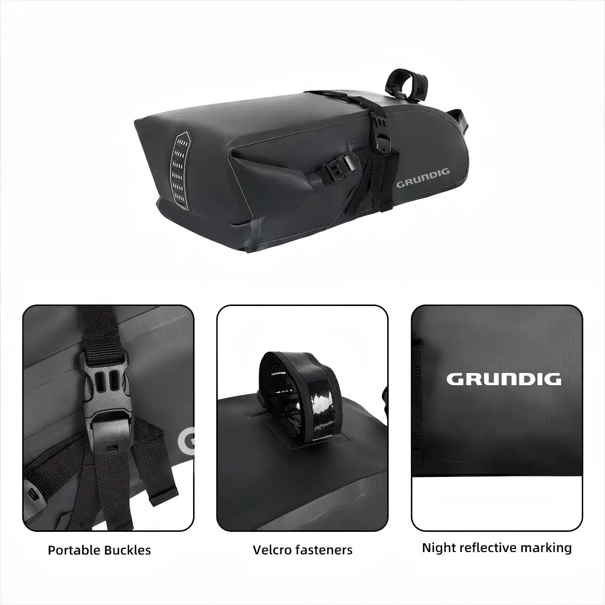 Detailed view of black 10L waterproof rear saddle bag, showing high-quality stitching, reflective elements, and roll-top closure for easy access and secure storage|#Color_Schwarz