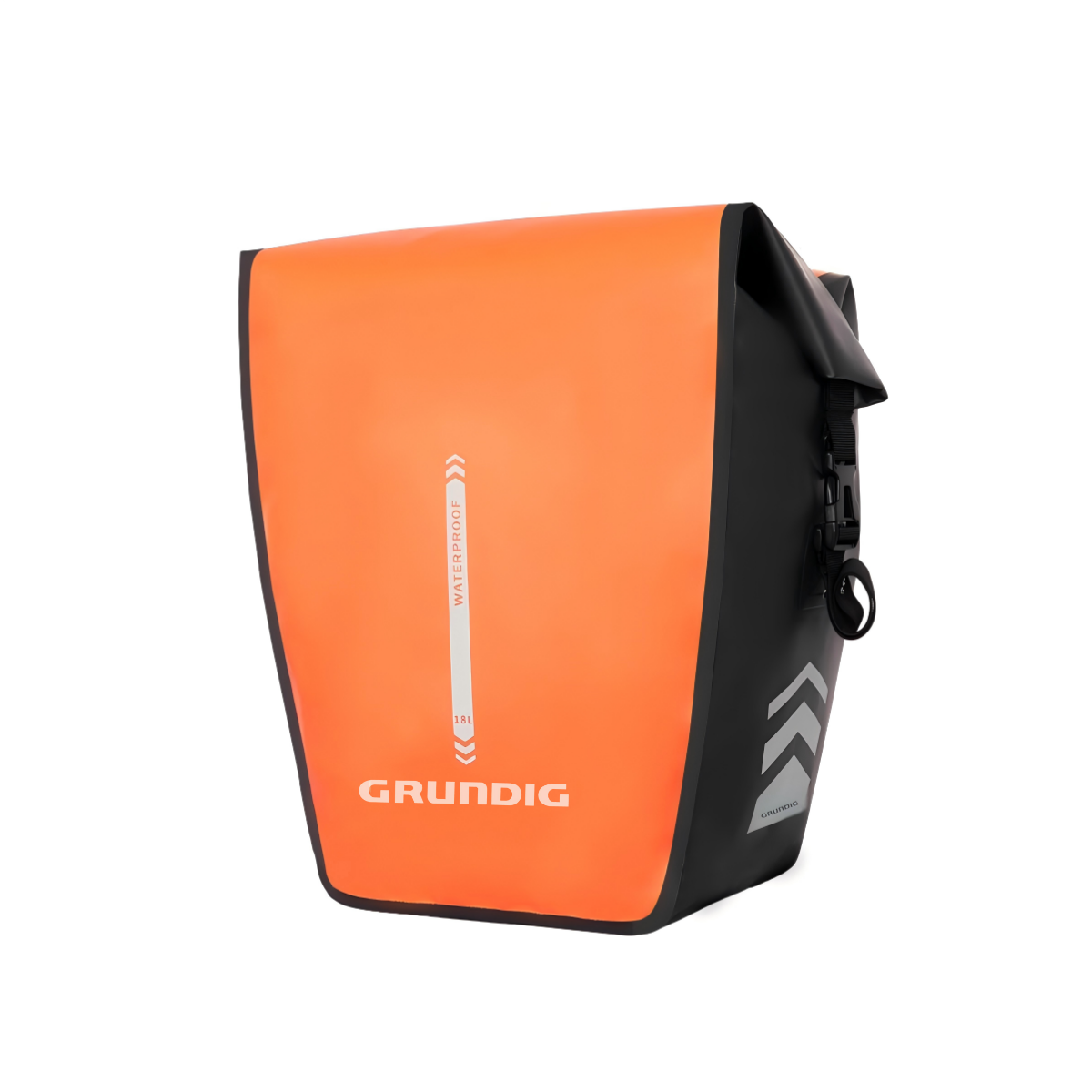 Front view of orange Grundig 2.5L waterproof bike pannier bag – roll-top design with shoulder strap |#Color_Orange