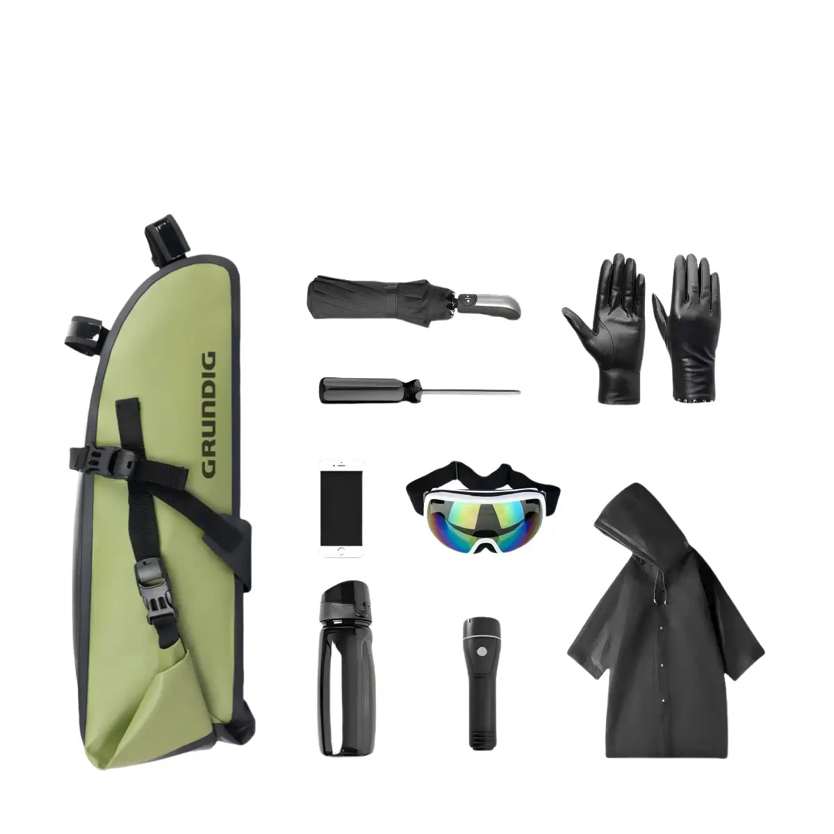 10L waterproof rear bike saddle bag showing capacity with items like a rain jacket, screwdriver, water bottle, flashlight, cycling glasses, phone, and umbrella neatly organized|#Color_Grün