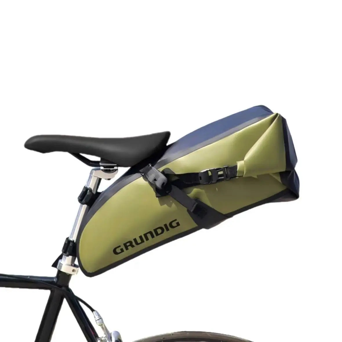 Grundig green 10L waterproof bike saddle bag mounted on bicycle designed for stability and enhanced visibility during night cycling, compatible with road, gravel, and mountain bikes|#Color_Grün