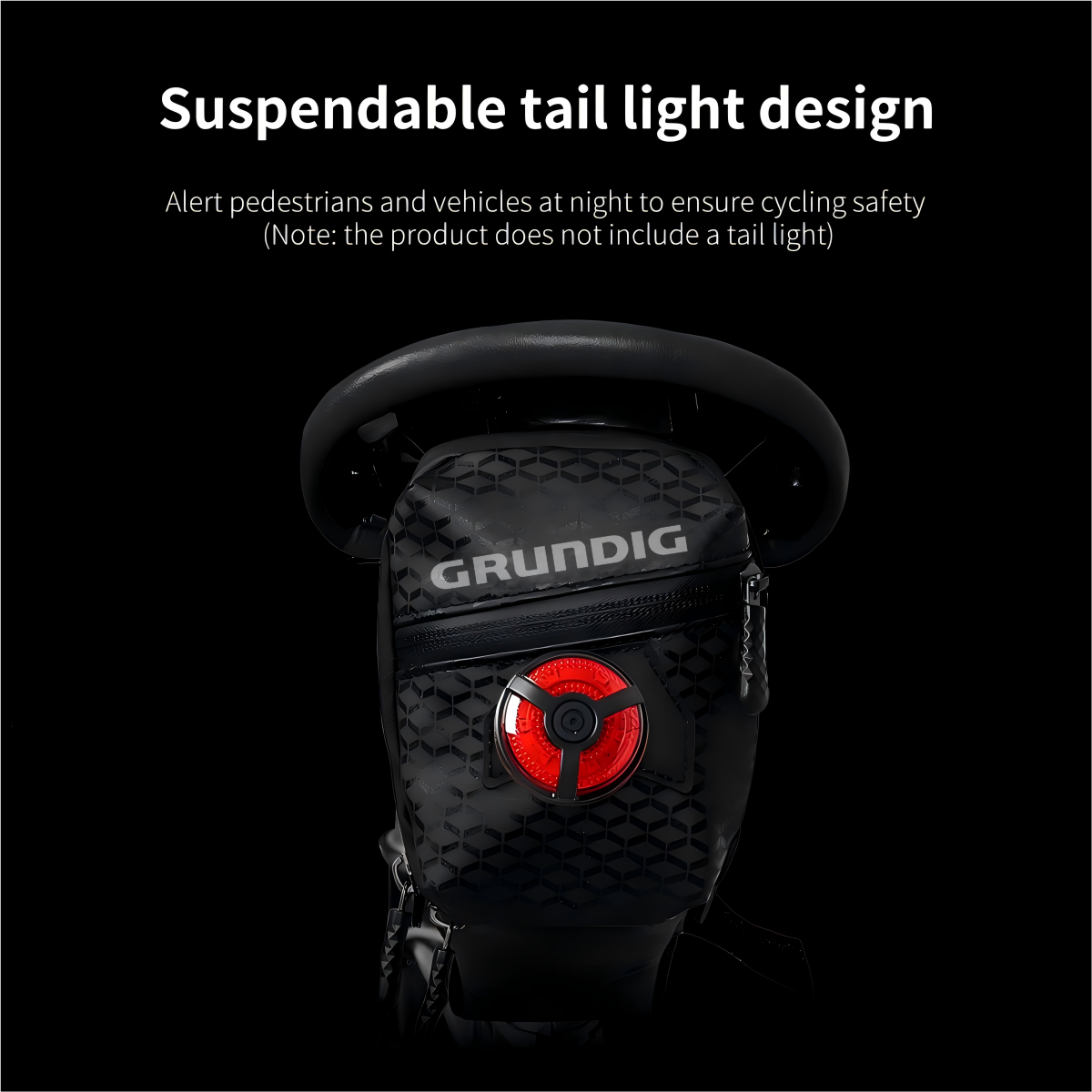 Waterproof 0.8L bike saddle bag with reflective strips, showing the rear light loop attached to the bag for enhanced night visibility and safety during cycling