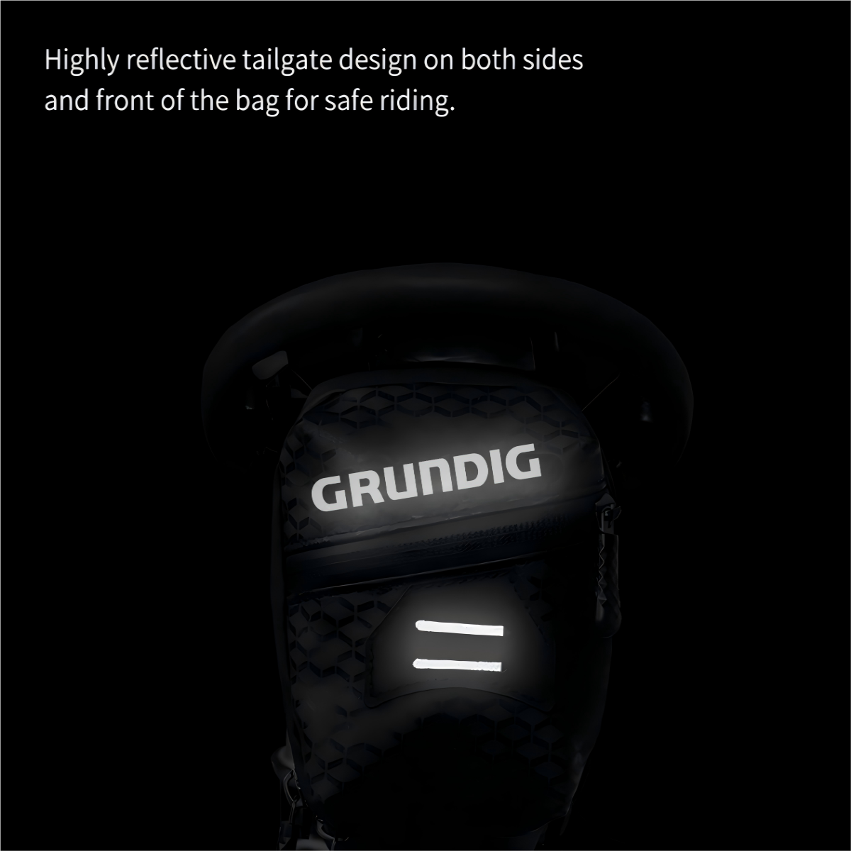 Front view of the 0.8L waterproof saddle bag with reflective elements for improved night visibility, designed with dual Velcro straps for secure attachment
