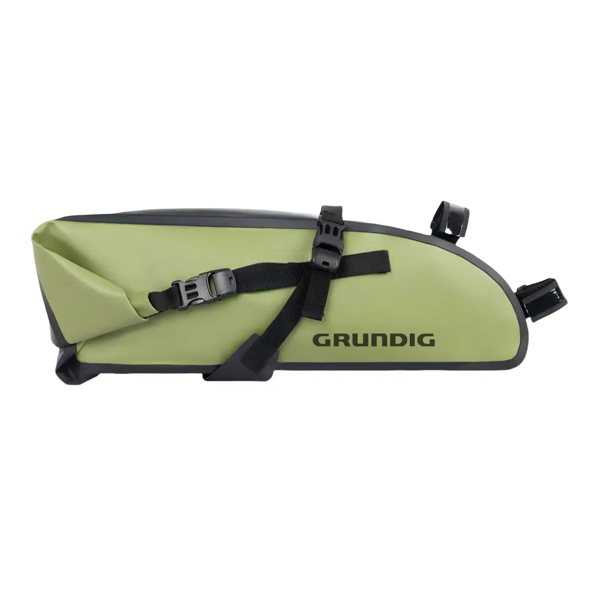 Front view of the 10L waterproof rear bike saddle bag, designed for commuting, bikepacking, and long-distance cycling, made from durable waterproof materials|#Color_Grün