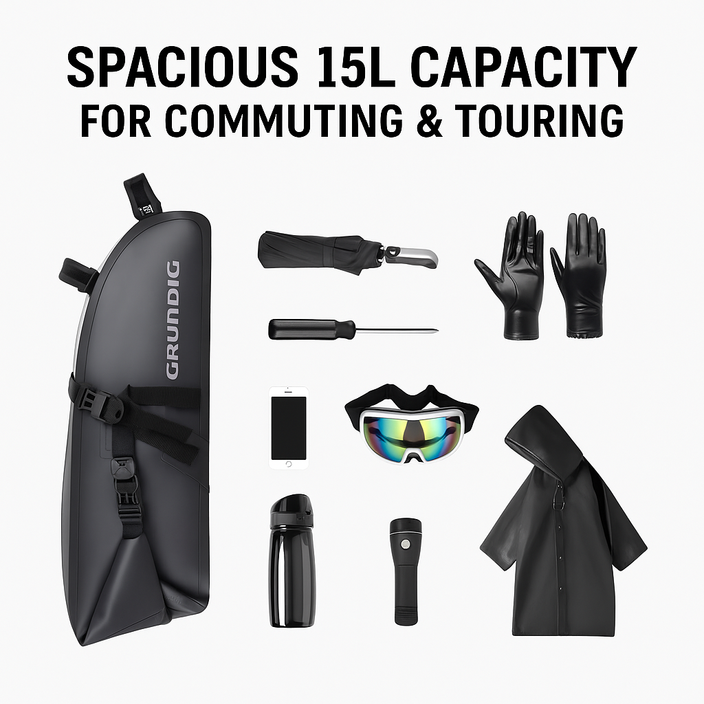 Grundig green 10L waterproof bike saddle bag mounted on bicycle designed for stability and enhanced visibility during night cycling, compatible with road, gravel, and mountain bikes|#Color_Schwarz