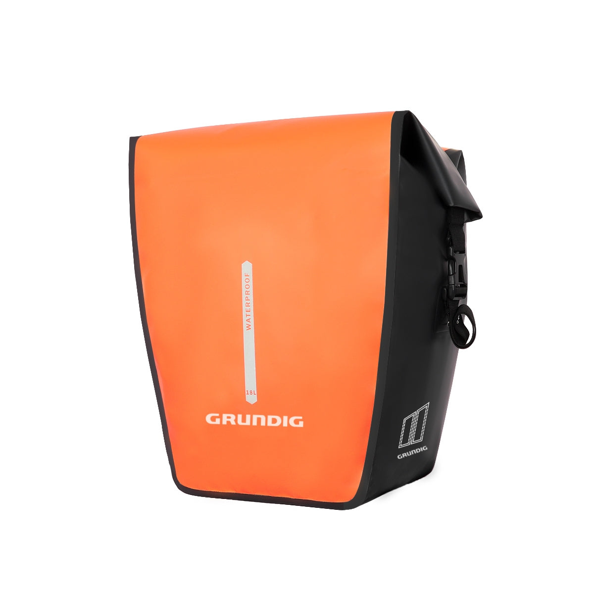 Front view of black Grundig 2.5L waterproof 500D pannier bag with roll top and shoulder strap| #Color_Orange