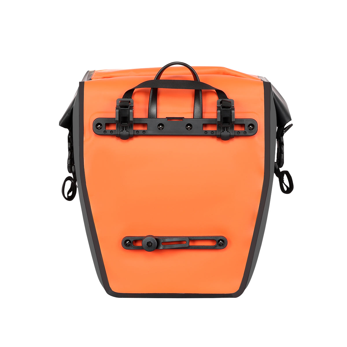 Front view of black Grundig 2.5L waterproof 500D pannier bag with roll top and shoulder strap| #Color_Orange