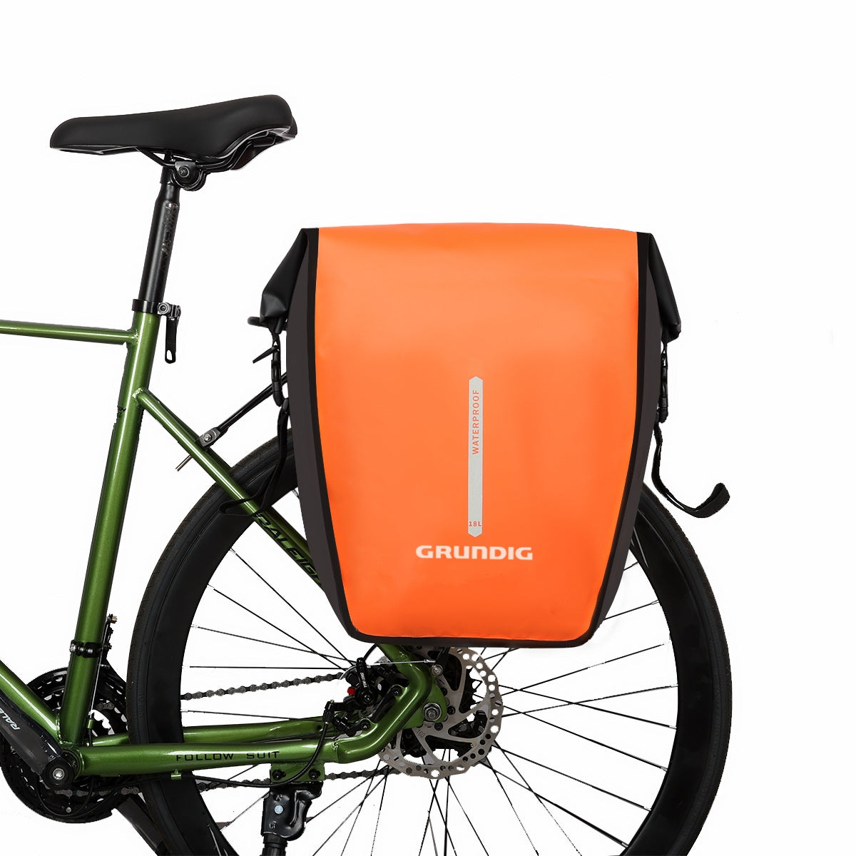Front view of black Grundig 2.5L waterproof 500D pannier bag with roll top and shoulder strap| #Color_Orange