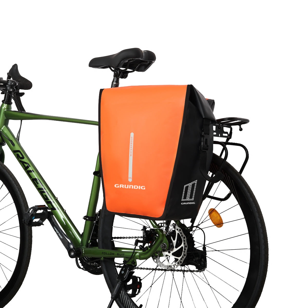 Front view of black Grundig 2.5L waterproof 500D pannier bag with roll top and shoulder strap| #Color_Orange