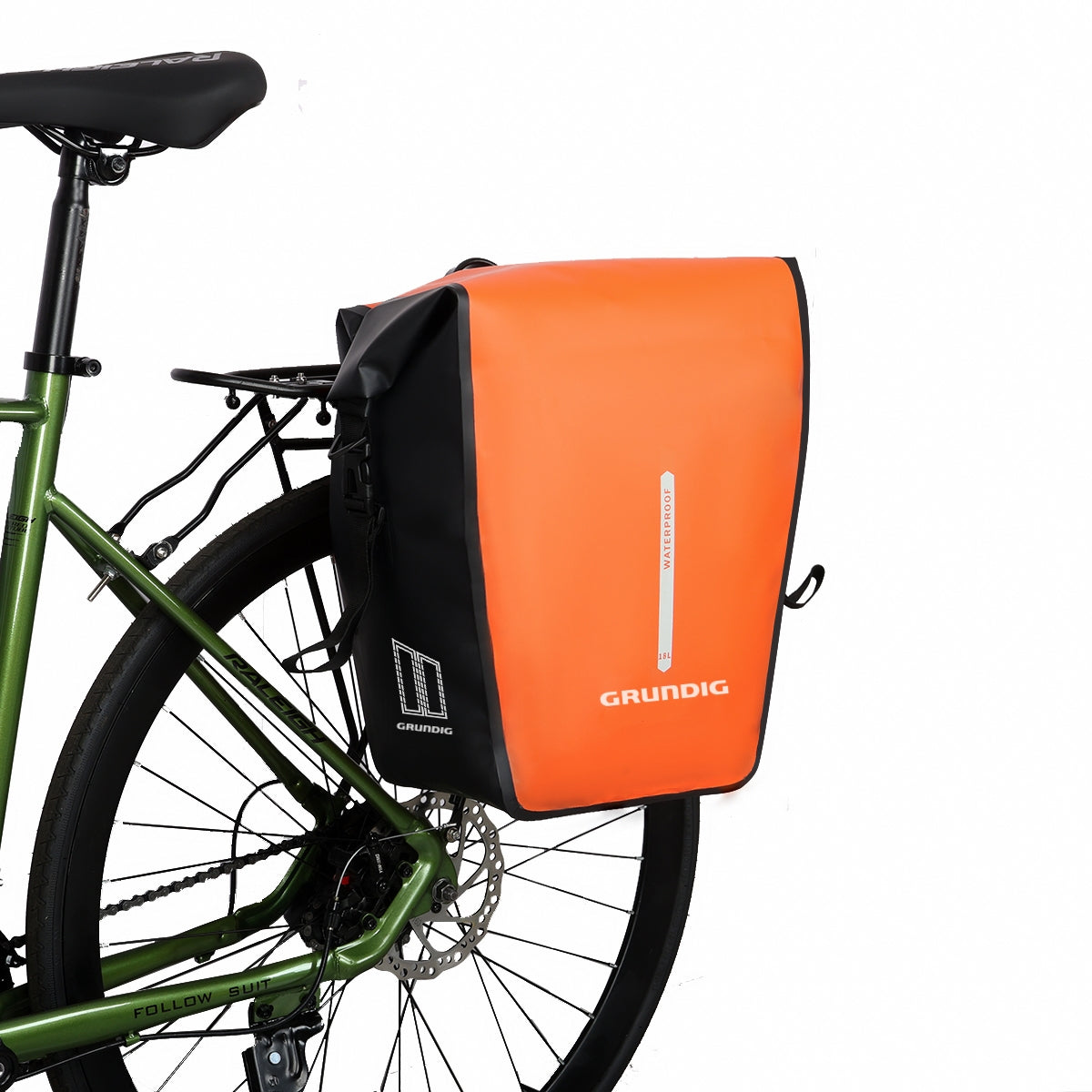 Front view of black Grundig 2.5L waterproof 500D pannier bag with roll top and shoulder strap| #Color_Orange