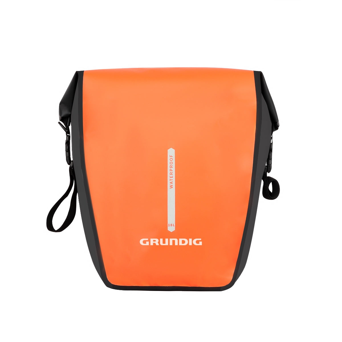 Front view of black Grundig 2.5L waterproof 500D pannier bag with roll top and shoulder strap| #Color_Orange