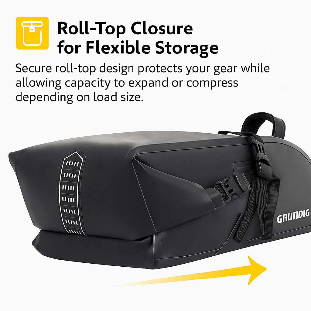 Grundig green 10L waterproof bike saddle bag mounted on bicycle designed for stability and enhanced visibility during night cycling, compatible with road, gravel, and mountain bikes|#Color_Schwarz