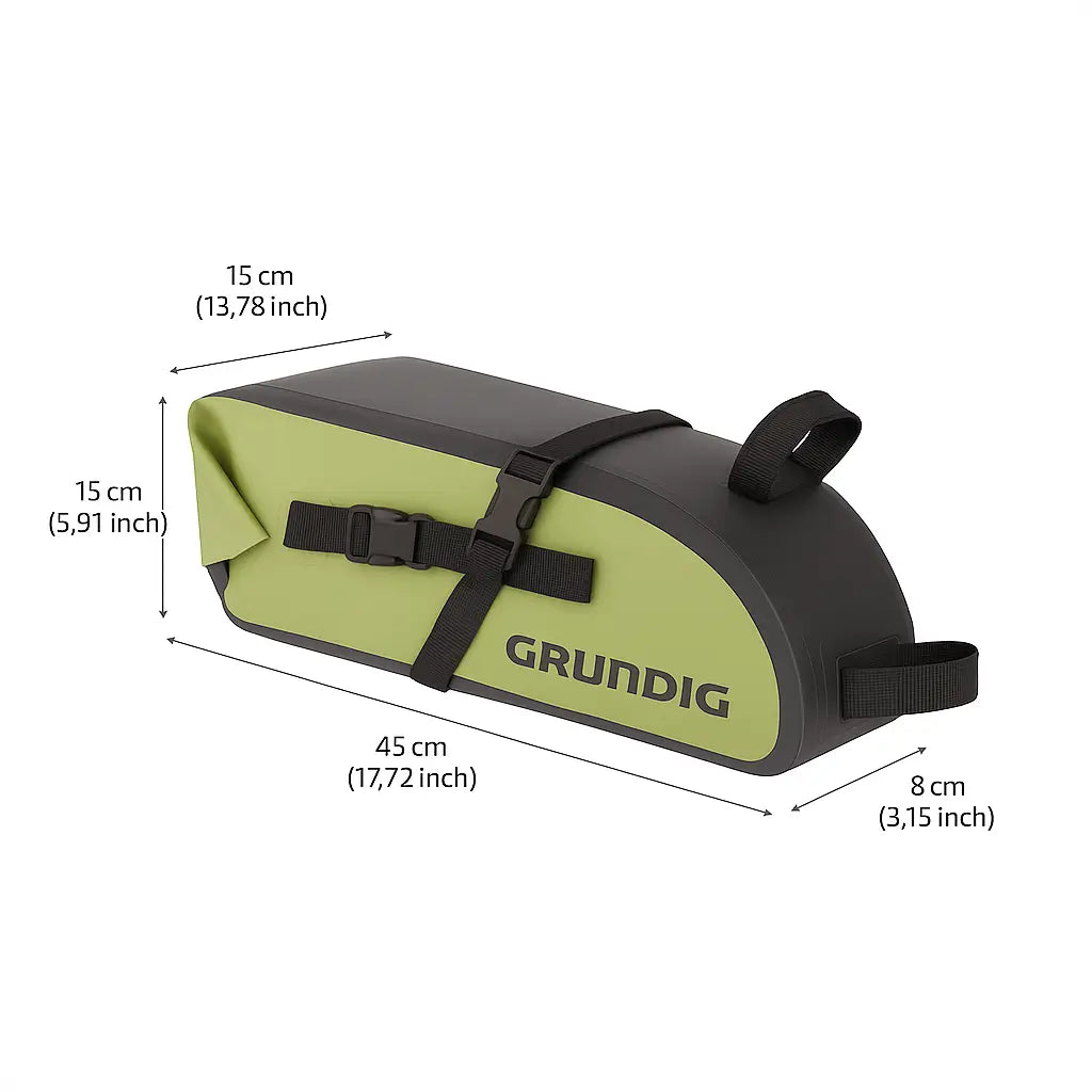 Size illustration of the 10L waterproof rear bike saddle bag with dimensions: 45cm (L) x 8cm (W) x 15cm (H), providing a clear view of its ergonomic fit and storage capacity|#Color_Grün