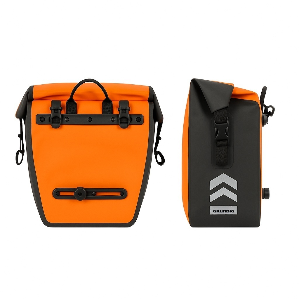 side and back view of orange Grundig 2.5L waterproof bike pannier bag – roll-top design with shoulder strap |#Color_Orange