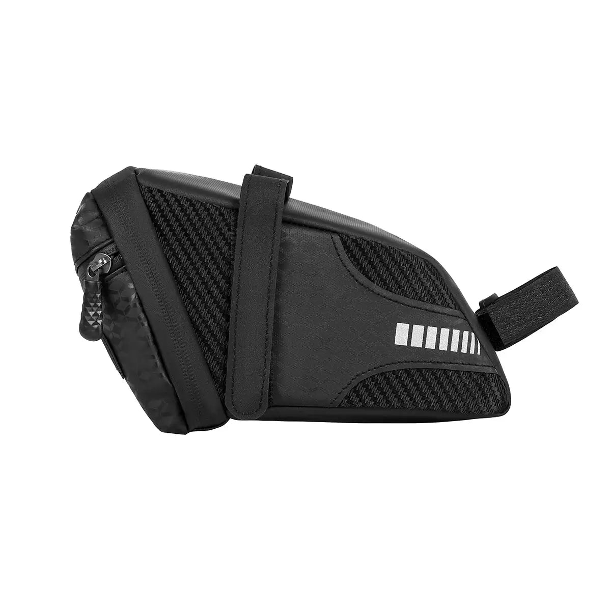 Side view of the 0.8L waterproof bike saddle bag with sleek design and reflective strips, ideal for urban cycling and commuting