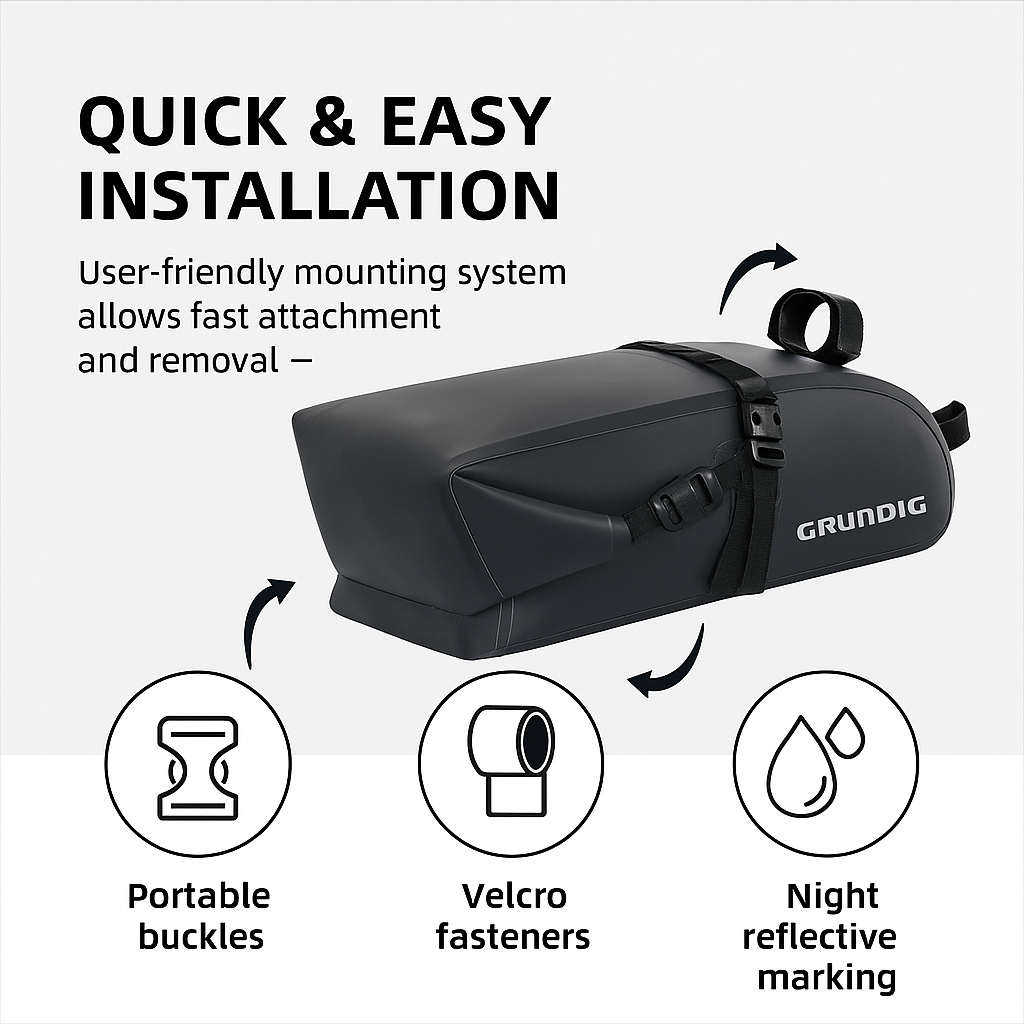 Grundig green 10L waterproof bike saddle bag mounted on bicycle designed for stability and enhanced visibility during night cycling, compatible with road, gravel, and mountain bikes|#Color_Schwarz