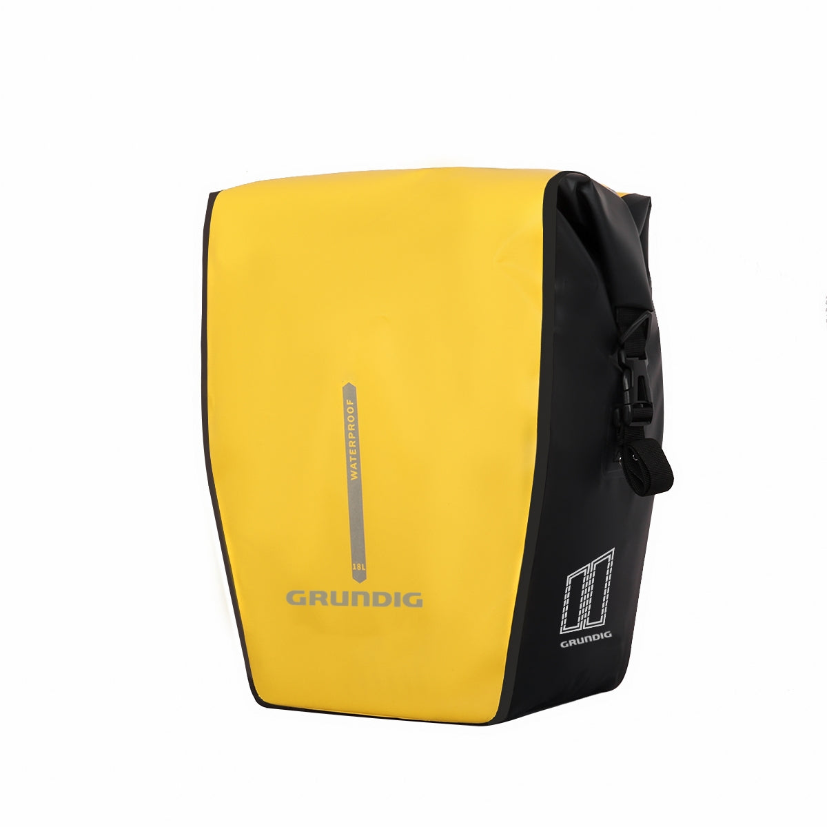 Front view of black Grundig 2.5L waterproof 500D pannier bag with roll top and shoulder strap| #Color_Gelb