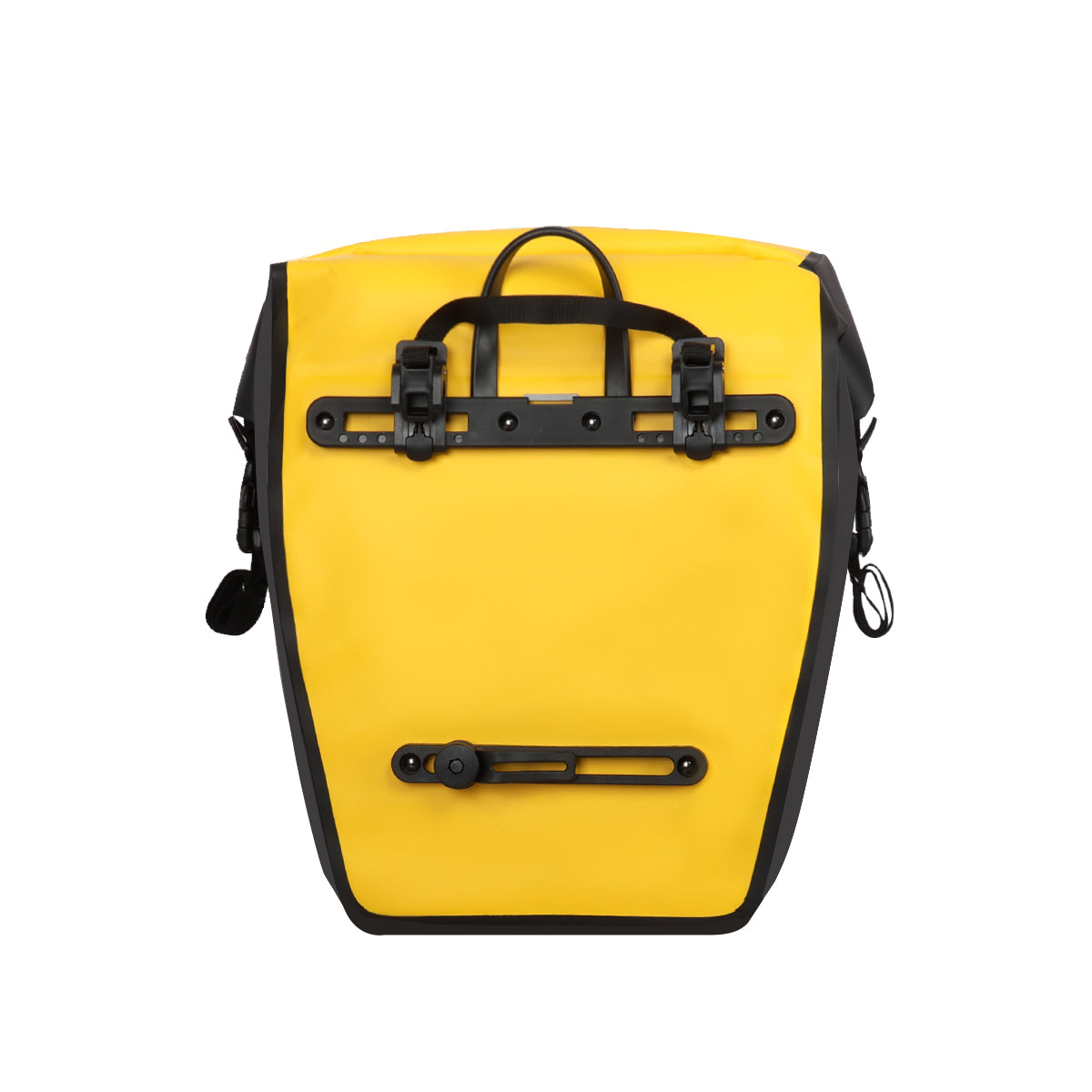 Front view of black Grundig 2.5L waterproof 500D pannier bag with roll top and shoulder strap| #Color_Gelb