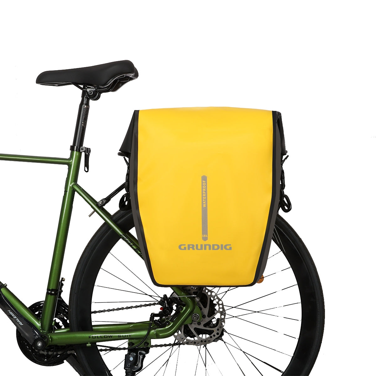 Front view of black Grundig 2.5L waterproof 500D pannier bag with roll top and shoulder strap| #Color_Gelb