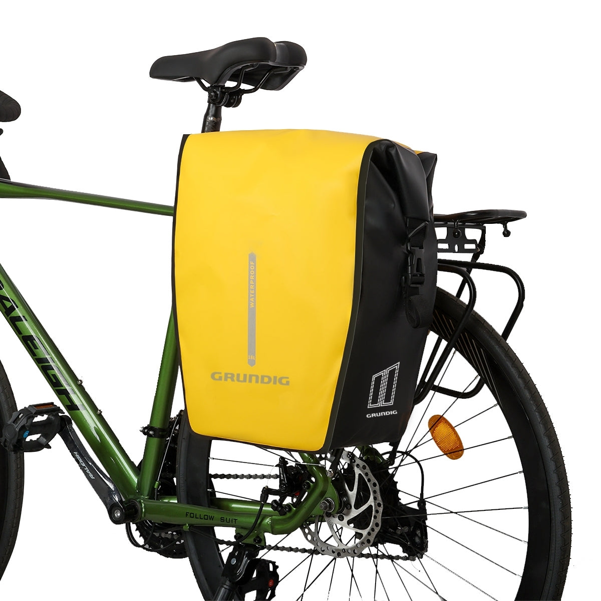 Front view of black Grundig 2.5L waterproof 500D pannier bag with roll top and shoulder strap| #Color_Gelb