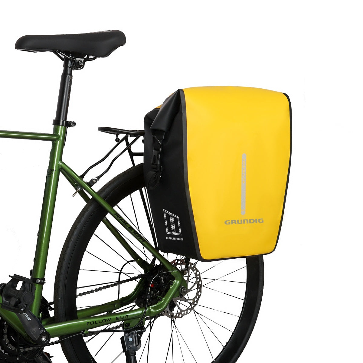 Front view of black Grundig 2.5L waterproof 500D pannier bag with roll top and shoulder strap| #Color_Gelb