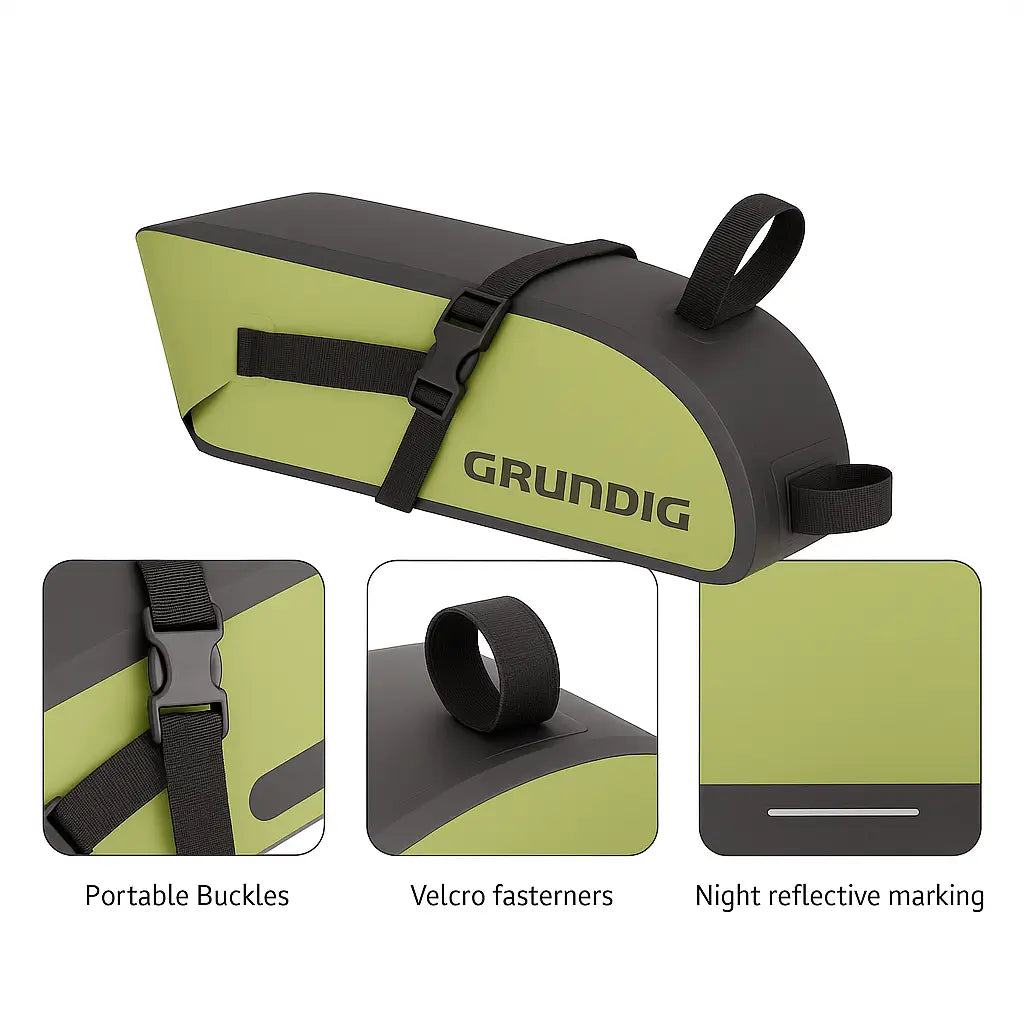 Detailed view of black 10L waterproof rear saddle bag, showing high-quality stitching, reflective elements, and roll-top closure for easy access and secure storage|#Color_Grün