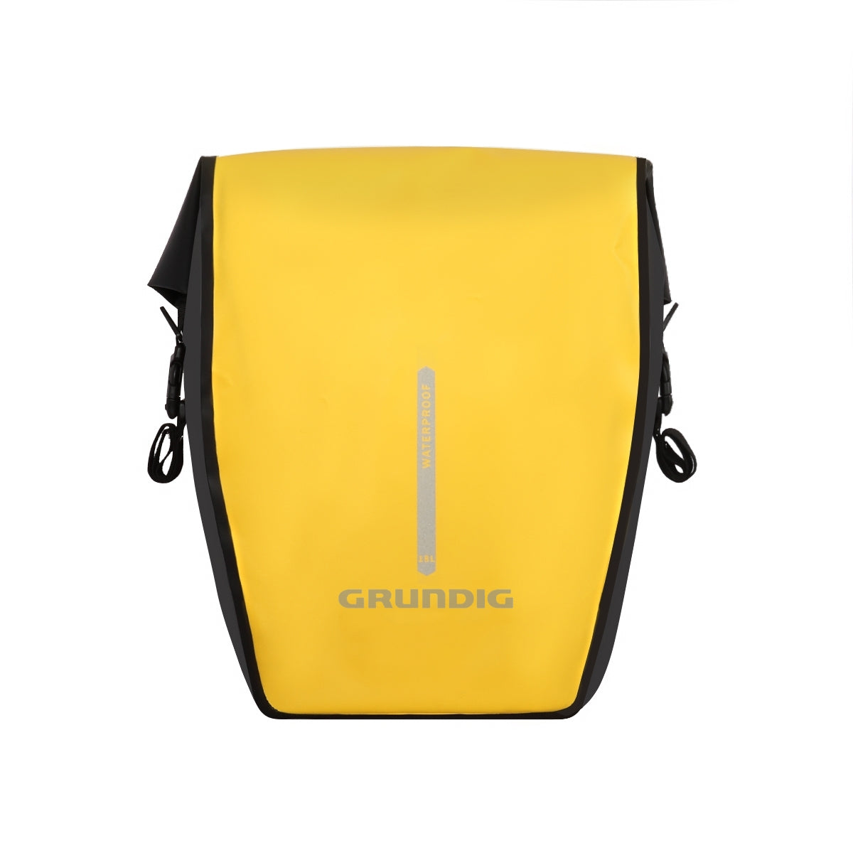Front view of black Grundig 2.5L waterproof 500D pannier bag with roll top and shoulder strap| #Color_Gelb