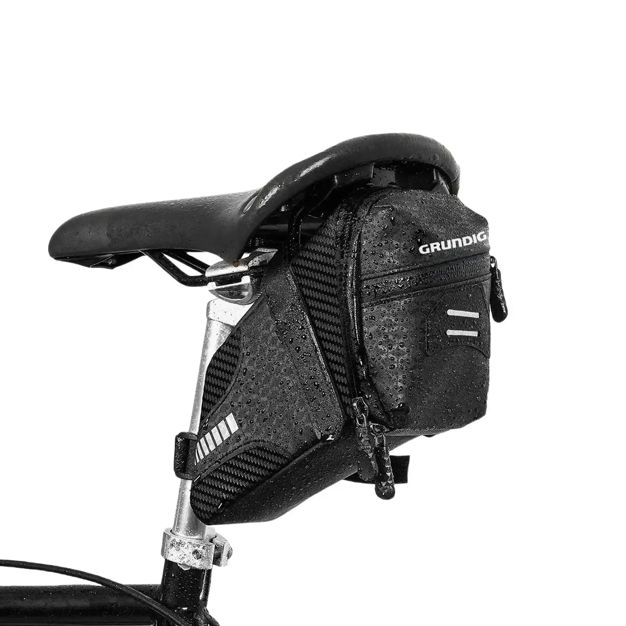 0.8L waterproof bike saddle bag with reflective strips, showcasing a sleek and compact design, perfect for urban commuters, tools, and small essentials storage