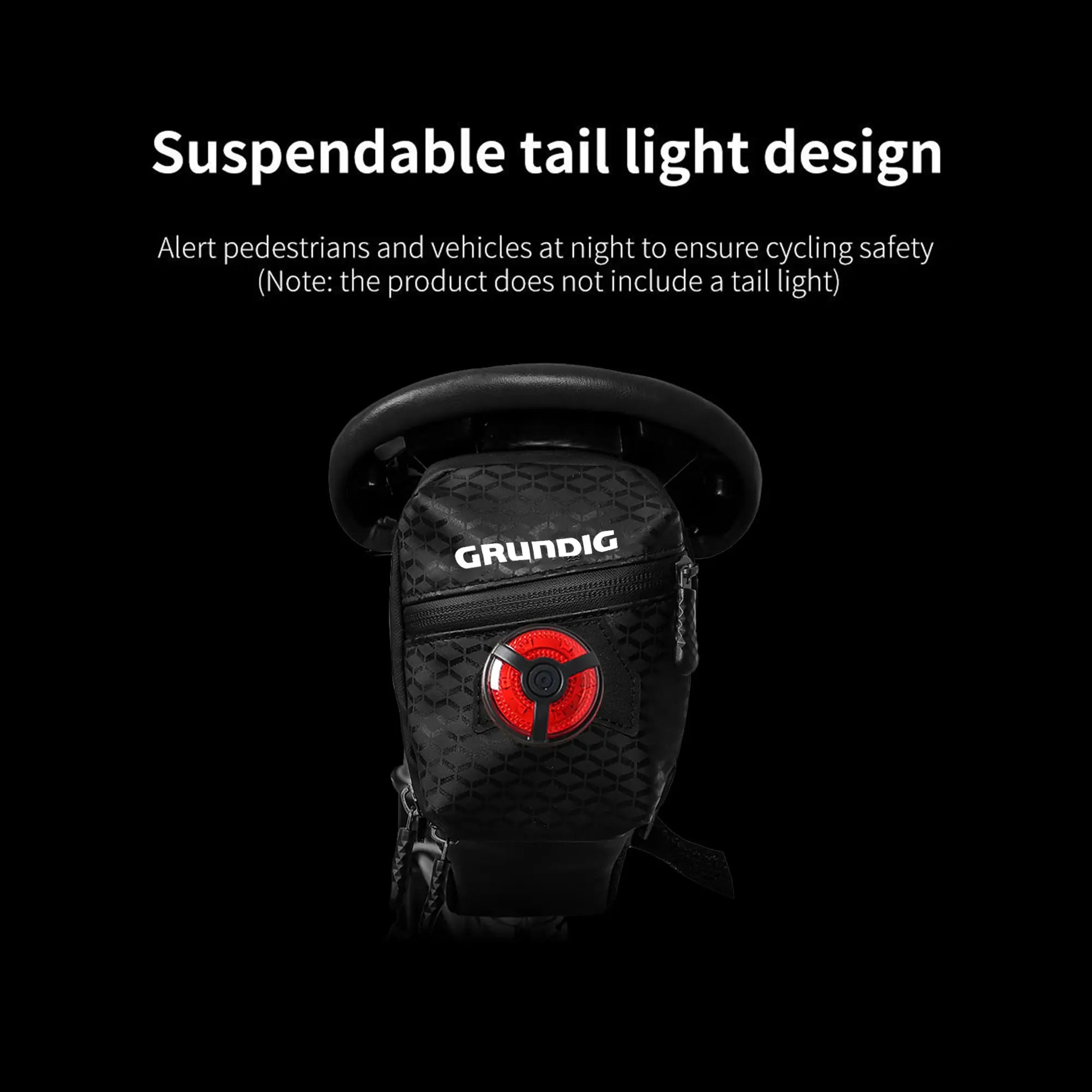 Waterproof 0.8L bike saddle bag with reflective strips, showing the rear light loop attached to the bag for enhanced night visibility and safety during cycling