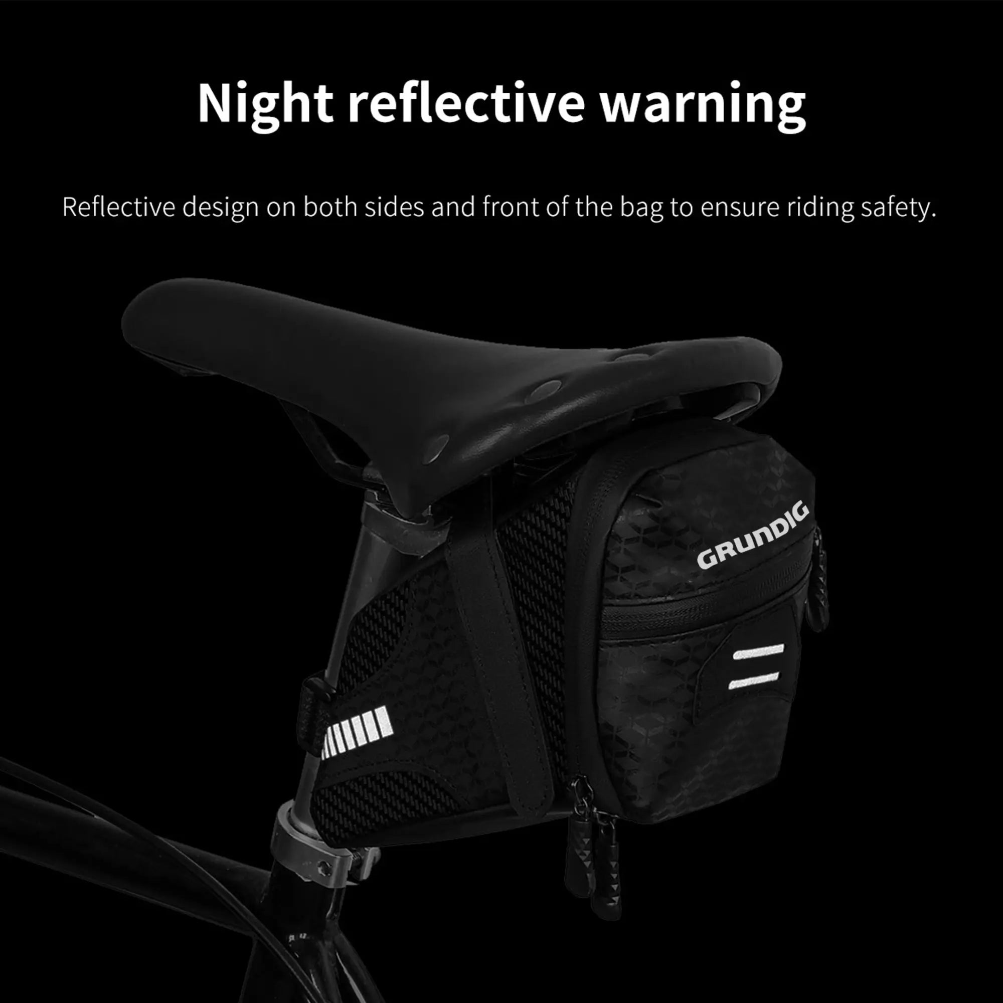 The 0.8L waterproof saddle bag with reflective elements for improved night visibility, designed with dual Velcro straps for secure attachment