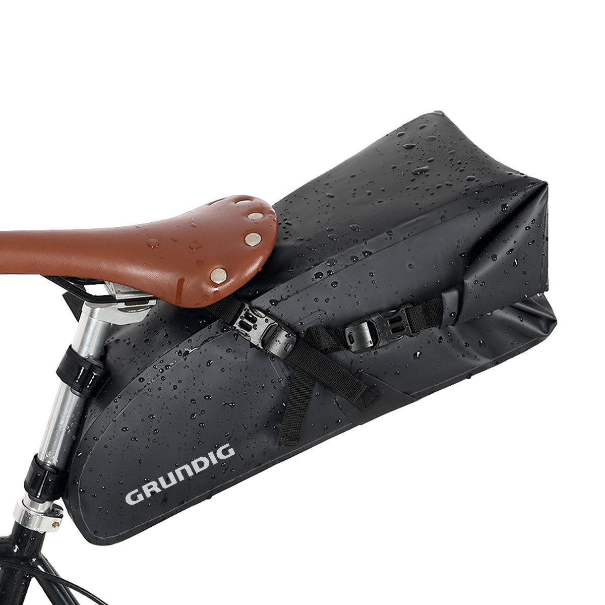 Grundig green 10L waterproof bike saddle bag mounted on bicycle designed for stability and enhanced visibility during night cycling, compatible with road, gravel, and mountain bikes|#Color_Schwarz
