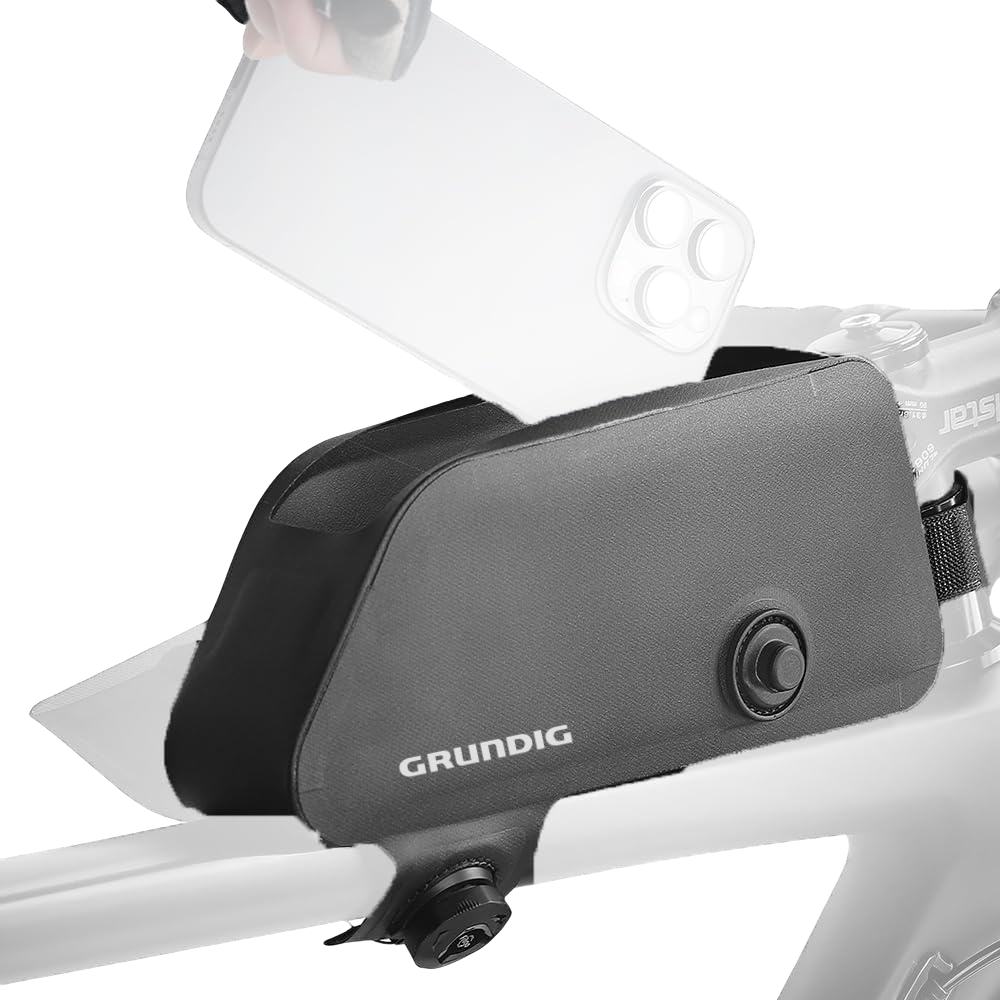 Placing Phone into Black Waterproof Bike Top Tube Bag with Magnetic Flap – Quick-access storage for smartphone while cycling|#Color_Black