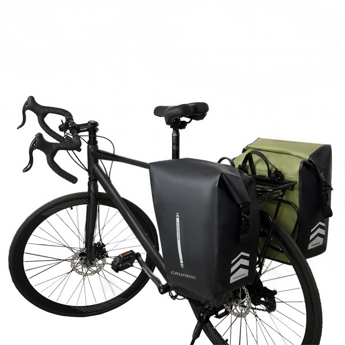 Grundig 2.5L waterproof pannier bag mounted on bicycle handlebars, perfect for urban commutes and cycling adventures