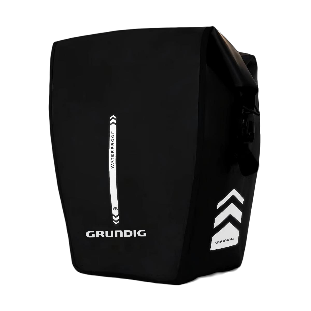 Front view of black Grundig 2.5L waterproof 500D pannier bag with roll top and shoulder strap|#Color_Black