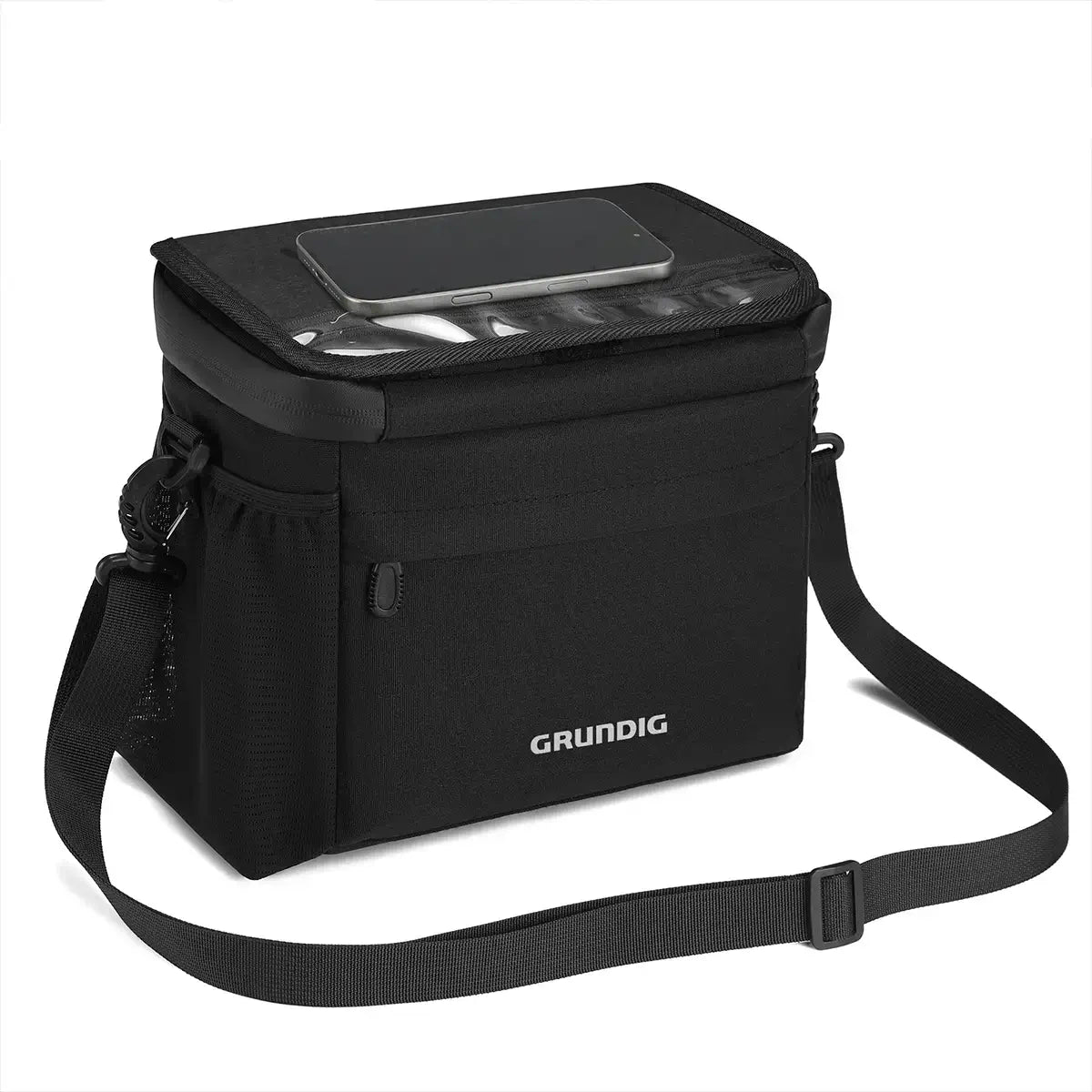 Front view of the 4L waterproof handlebar bag for bike, made from durable black TPU, featuring an insulated compartment for cool storage, Klickfix-compatible mount for easy attachment, and a stable phone holder for GPS use on rough roads