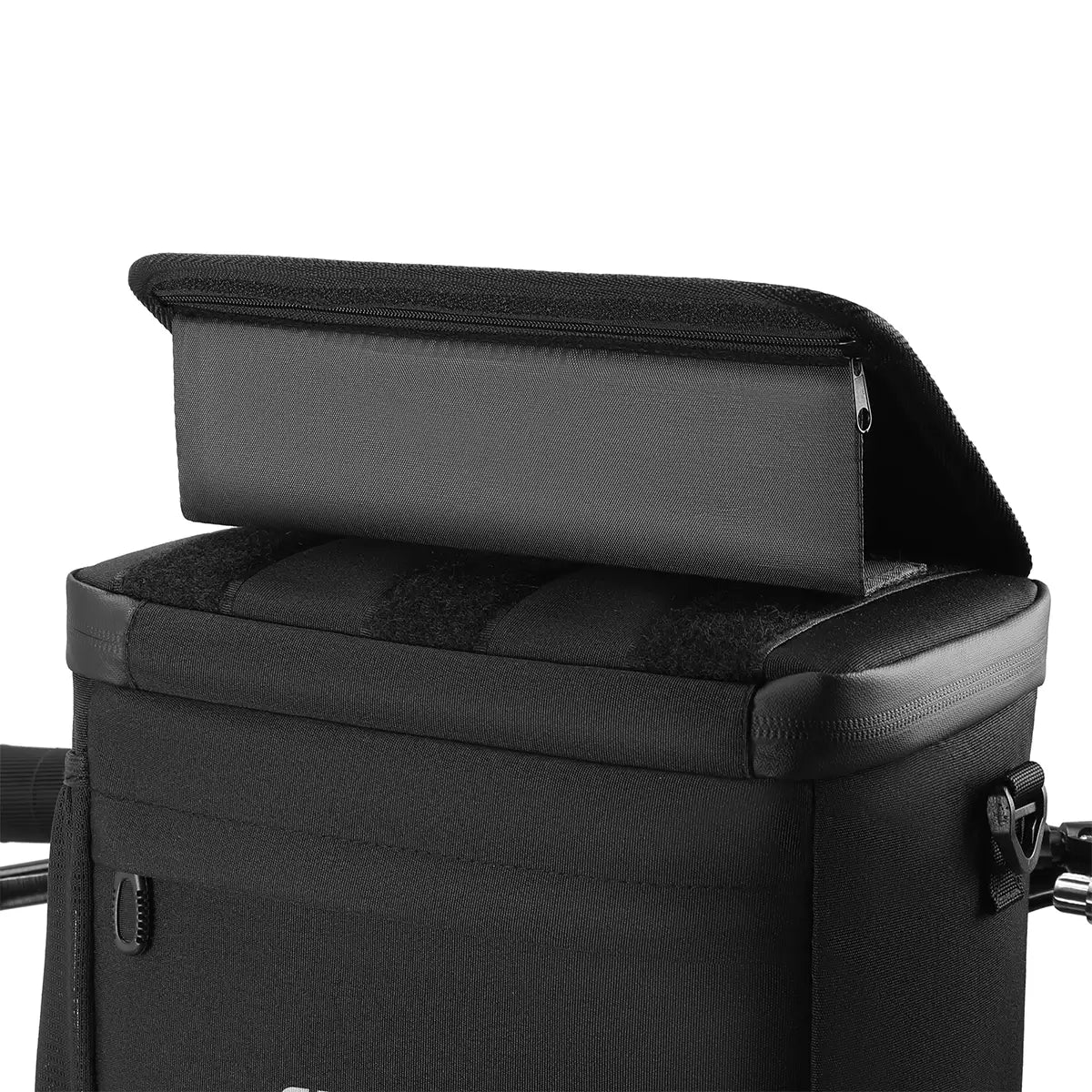 Close-up of Velcro strap and TPU support on waterproof 6L insulated handlebar bike bag, highlighting secure attachment and sturdy structure