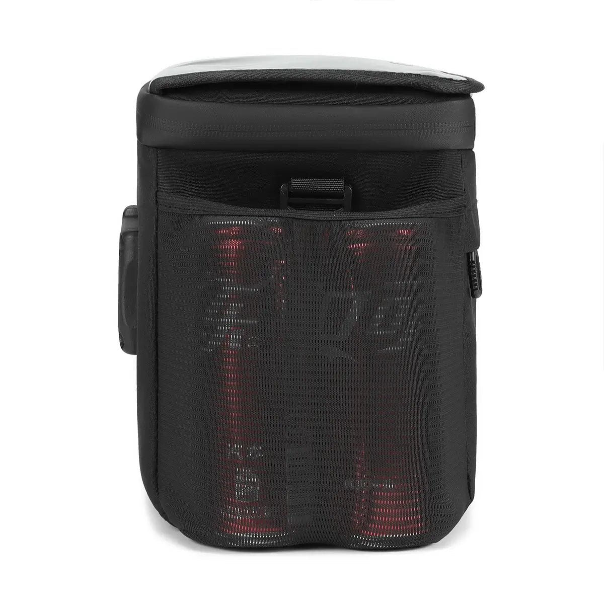 Side mesh pocket on waterproof 6L TPU insulated handlebar bike bag holding two 330ml cans, demonstrating spacious and convenient storage