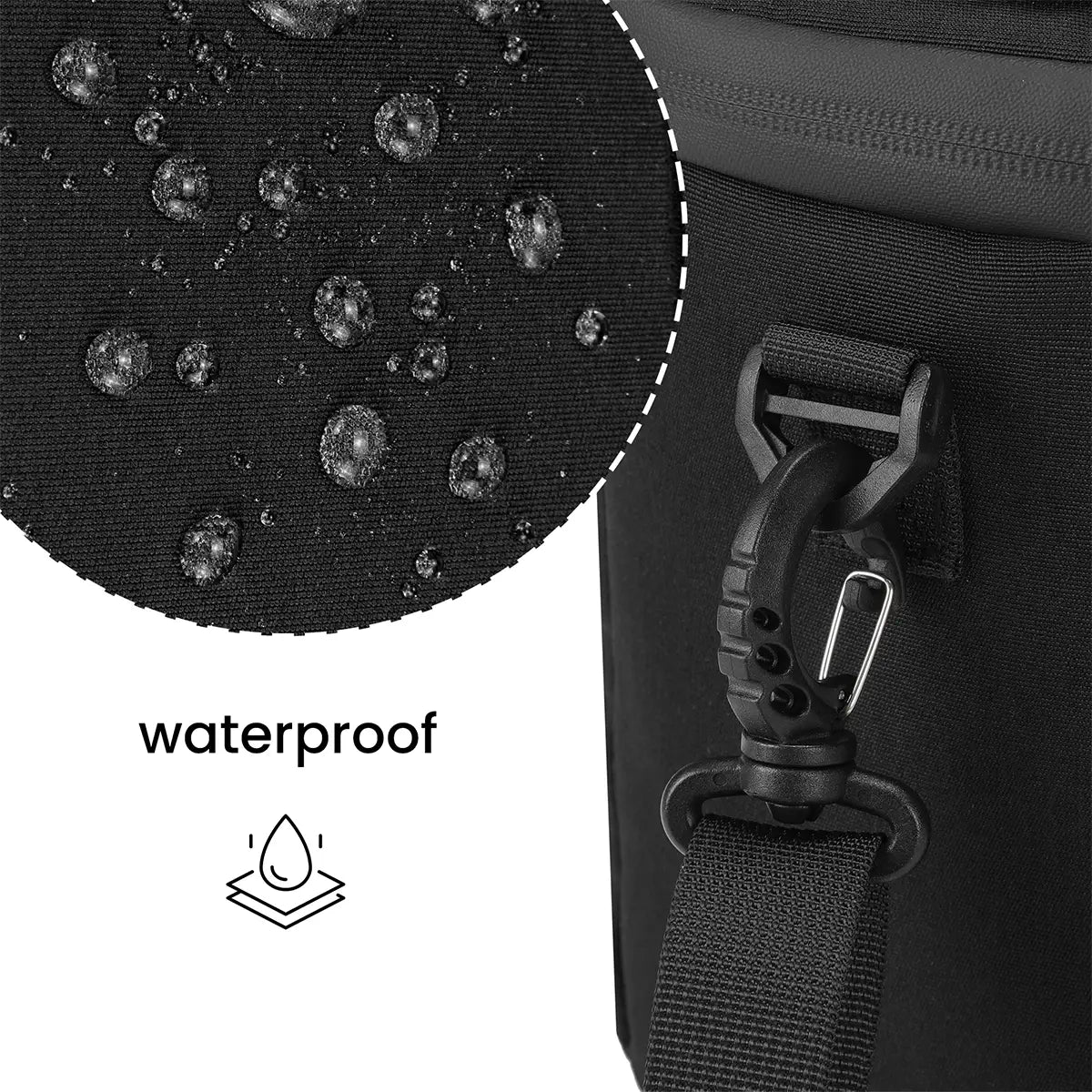 Waterproof test of 6L TPU insulated handlebar bike bag with water droplets on surface. Detail of angled quick-release hook on waterproof 6L TPU handlebar bike bag, showing secure and easy tool-free installation