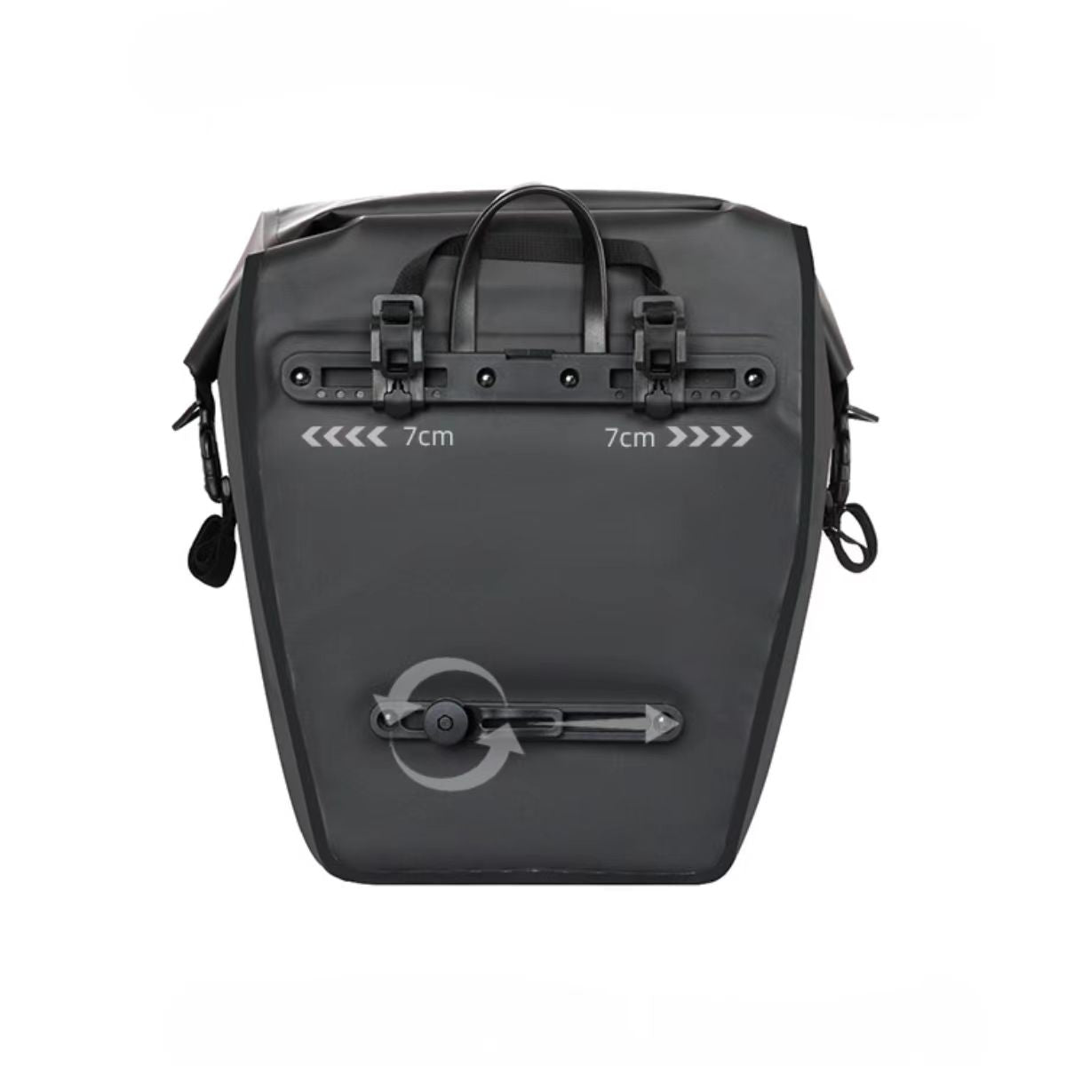 Back view of Grundig 2.5L pannier bag with easy-to-use buckle for quick installation and removal