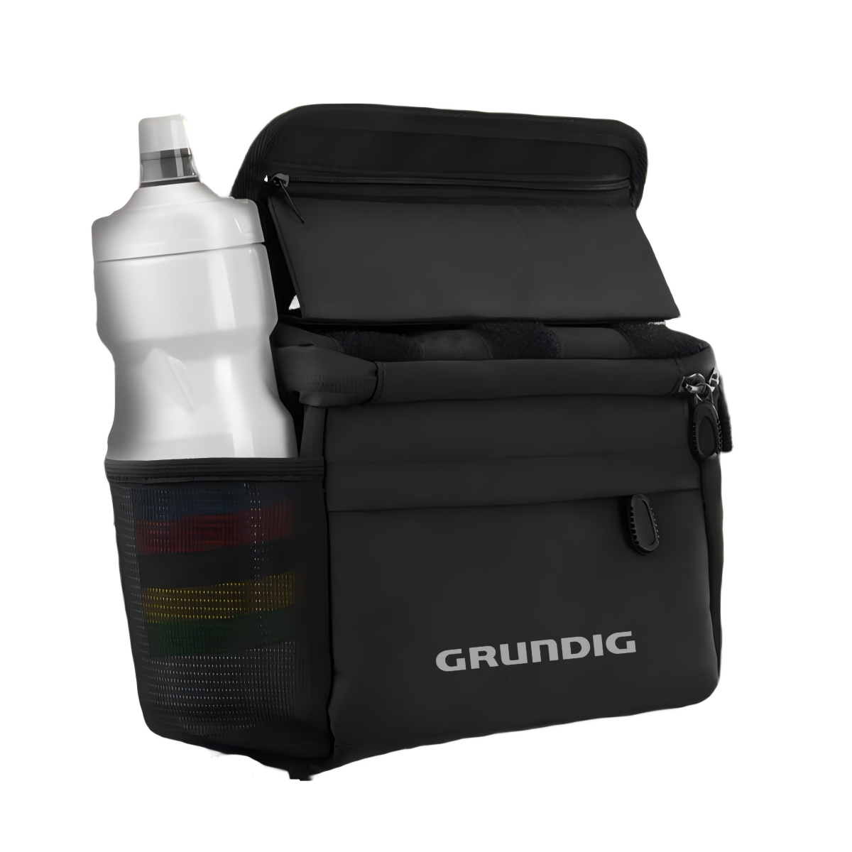 Front view of the 4L waterproof handlebar bag for bike, made from durable black TPU, featuring an insulated compartment for cool storage, Klickfix-compatible mount for easy attachment, and a stable phone holder for GPS use on rough roads