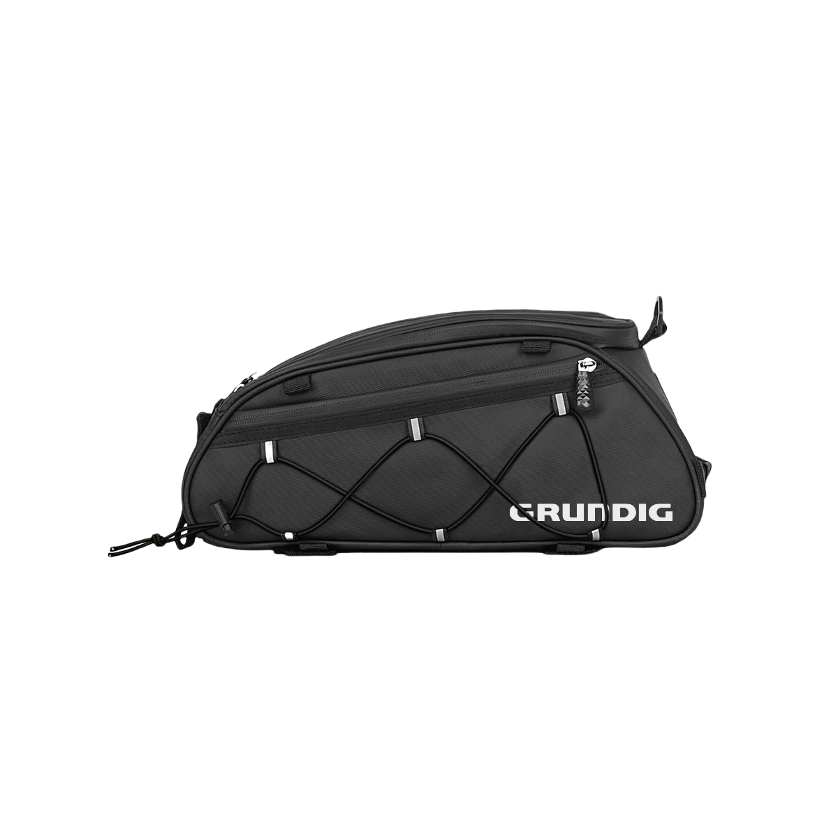 Side view of black 10L waterproof bike rack bag with hard shell and detachable panniers, designed for rear bike mounting
