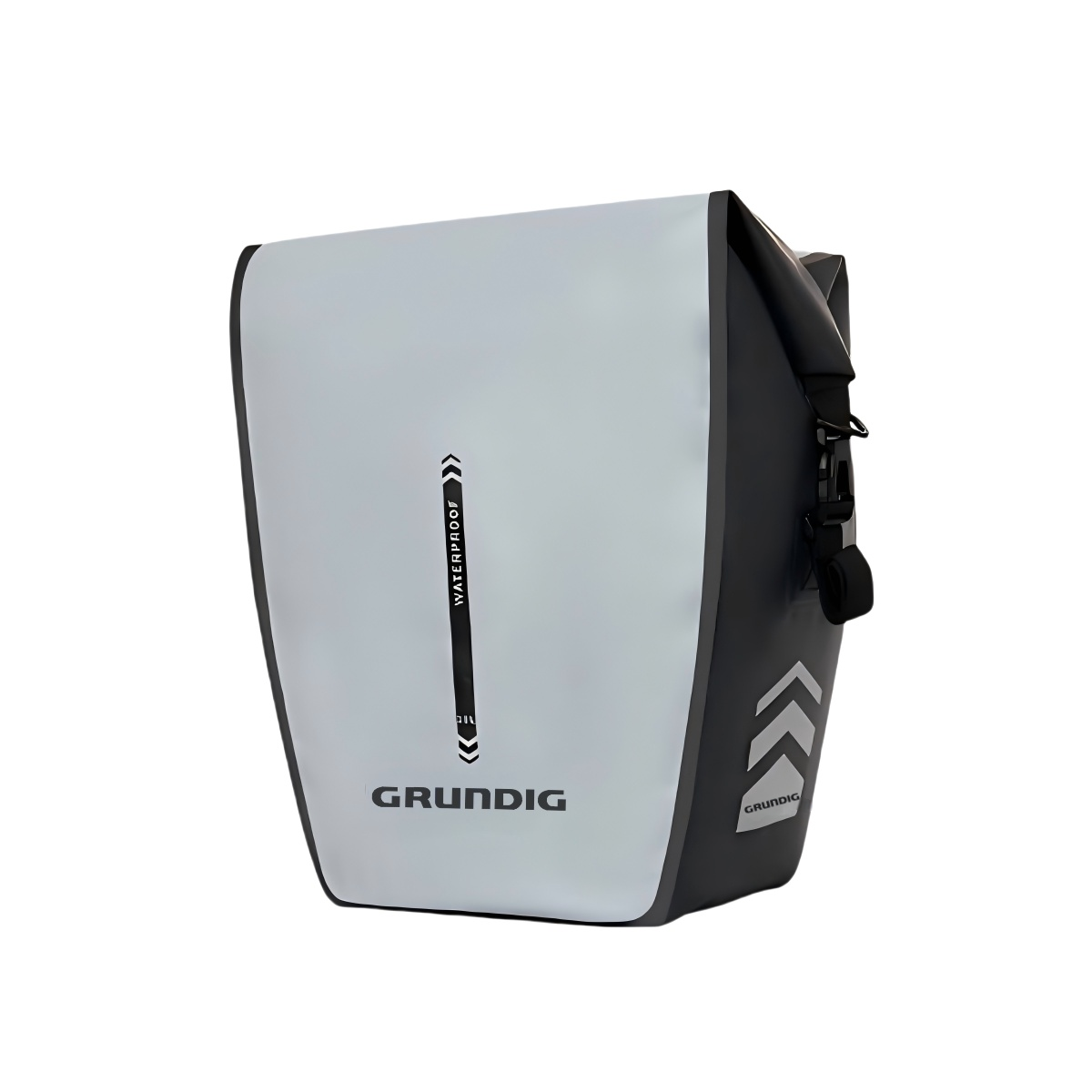 Front view of grey Grundig 2.5L waterproof pannier bag with roll top closure and adjustable strap| #Color_Gray