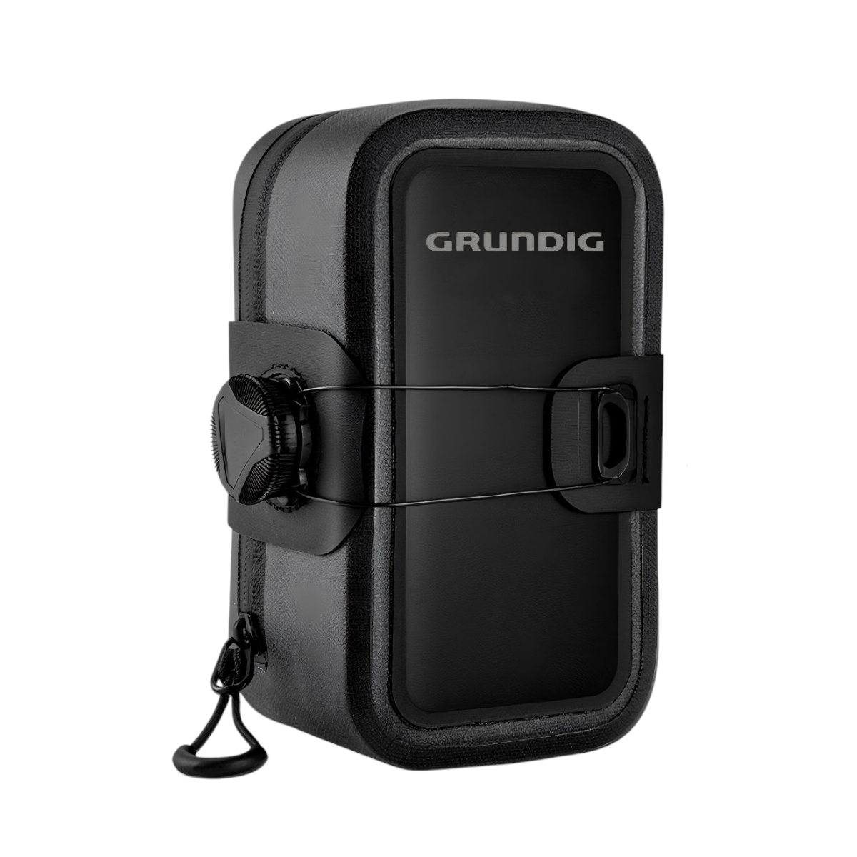 Black Grundig 0.5L waterproof bike saddle bag – front view with quick-release mounting system|#color_black