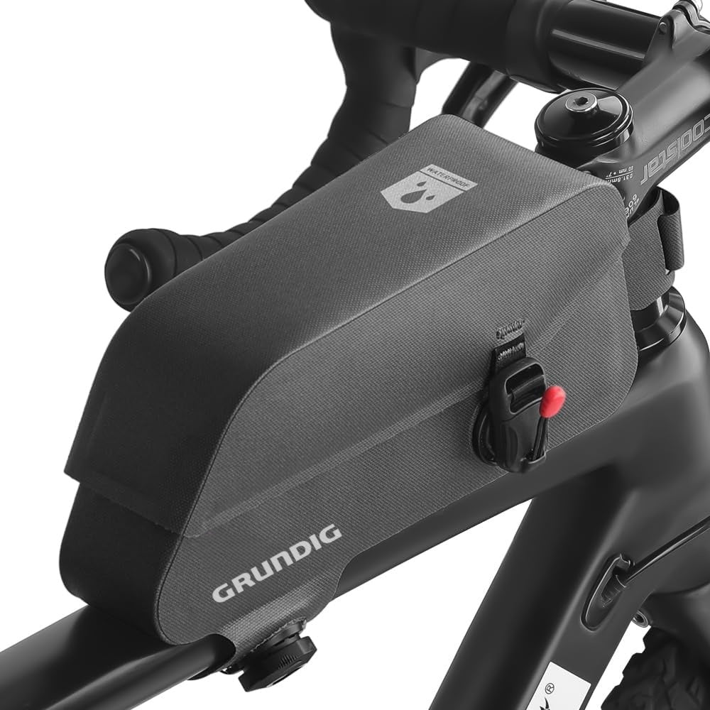 Black Waterproof Bike Top Tube Bag with Magnetic Flap – Front View of Sleek, Weather-Resistant Cycling Storage|#Color_Black